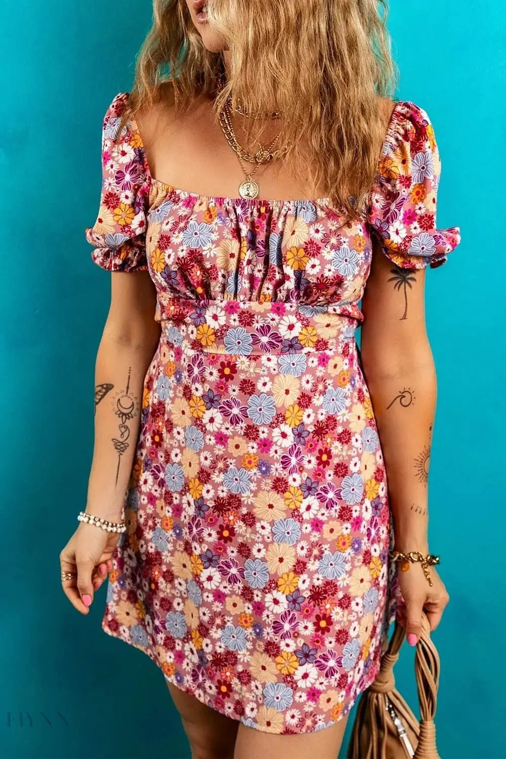 Floral Puff Sleeve Square Neck Mini Dress with Open Back - EBYNN