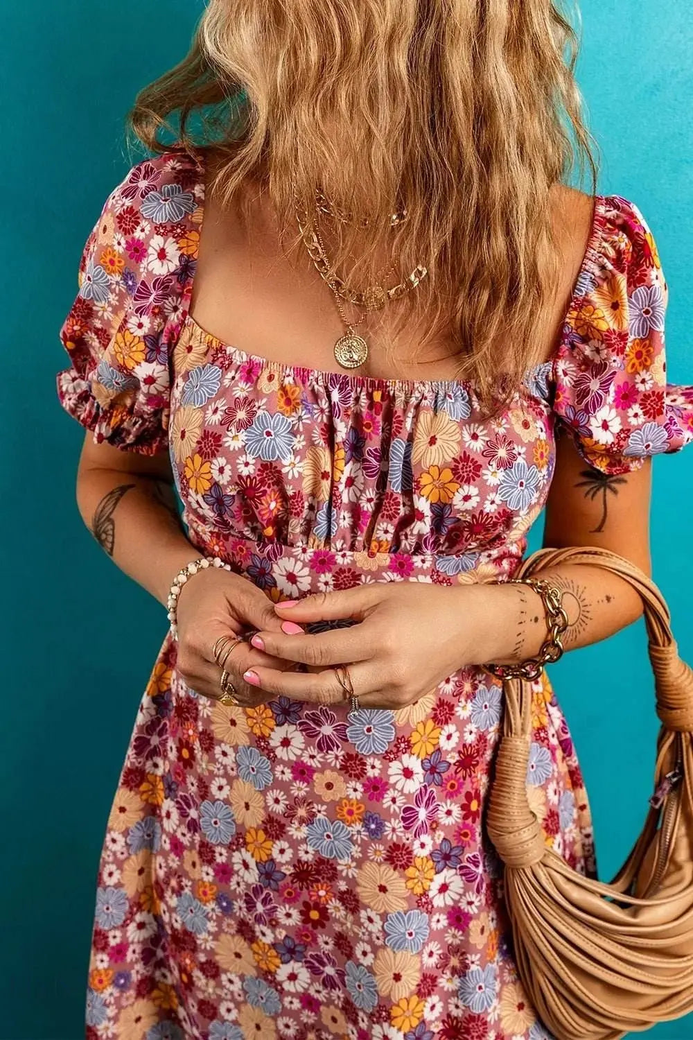 Floral Puff Sleeve Square Neck Mini Dress with Open Back - EBYNN