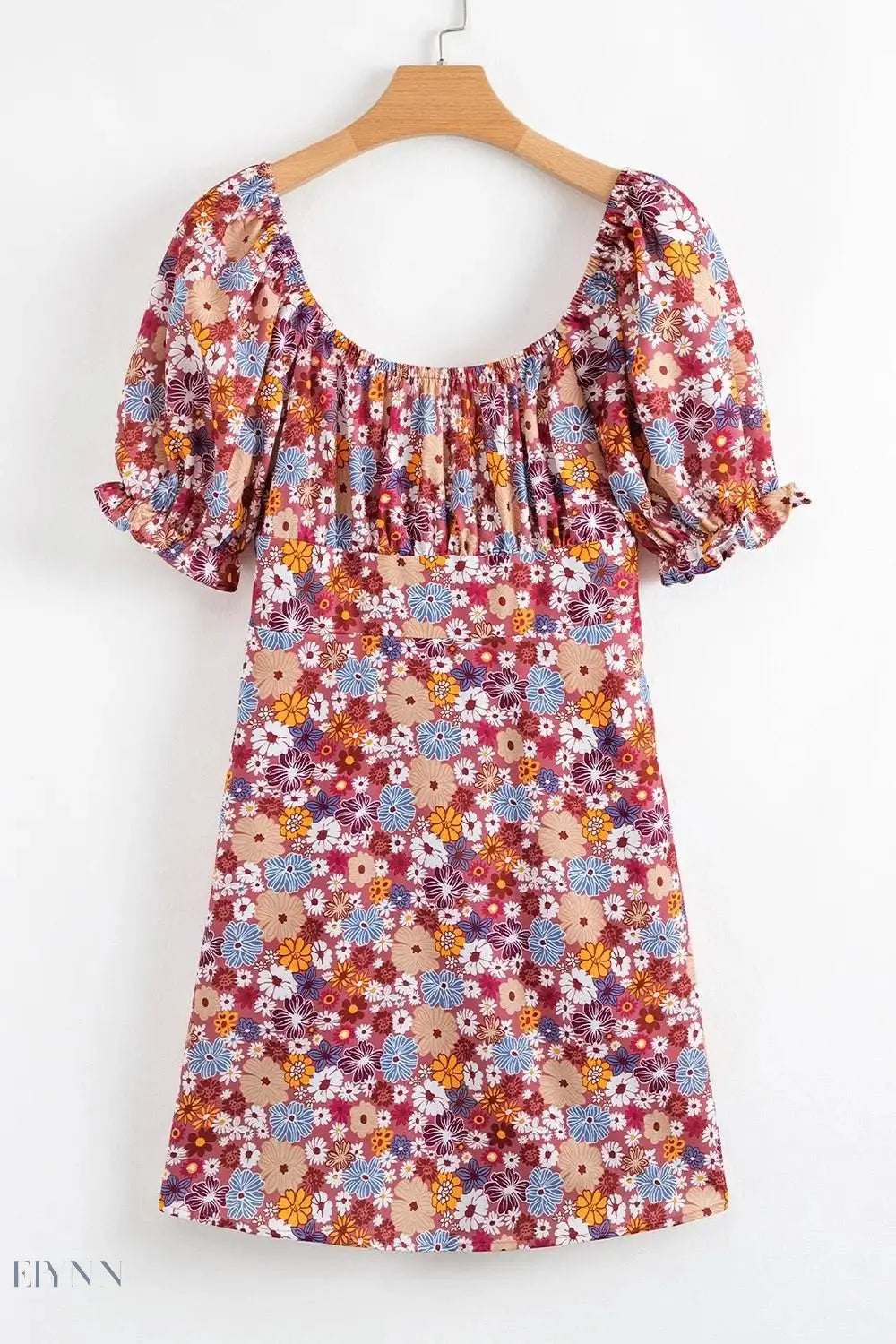 Floral Puff Sleeve Square Neck Mini Dress with Open Back - EBYNN