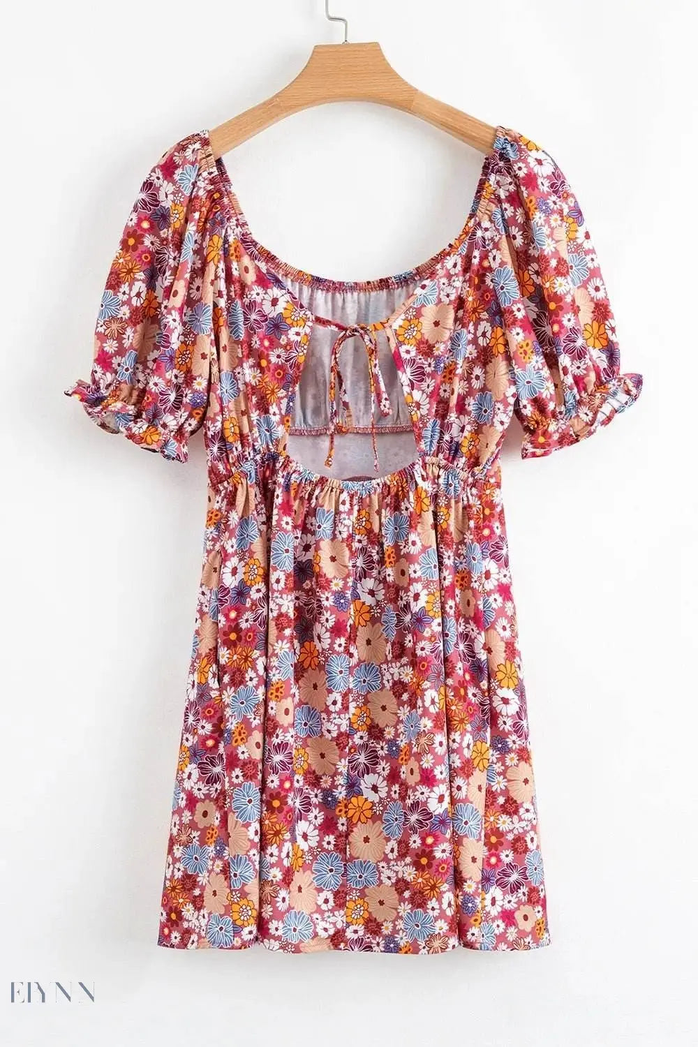 Floral Puff Sleeve Square Neck Mini Dress with Open Back - EBYNN