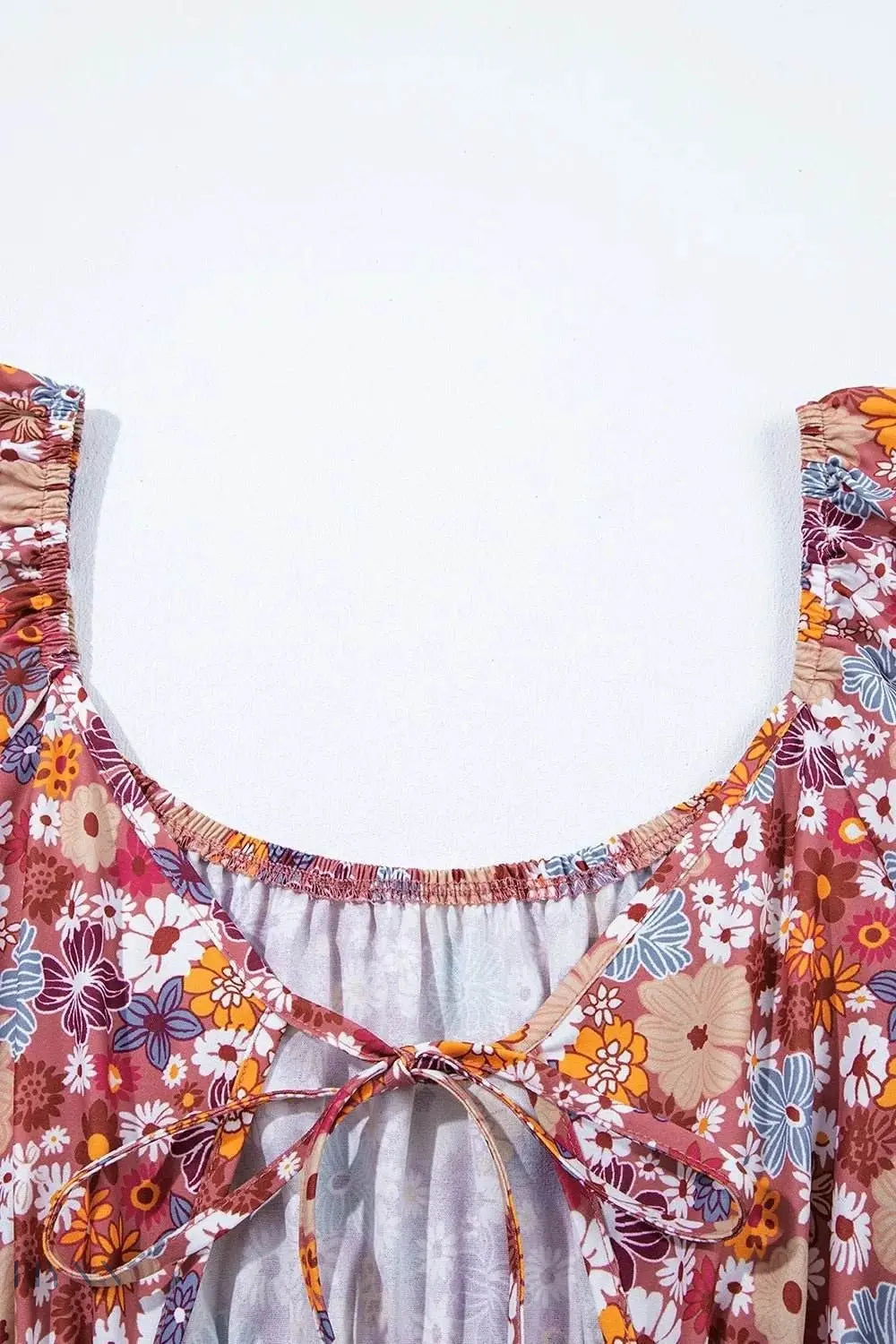 Floral Puff Sleeve Square Neck Mini Dress with Open Back - EBYNN