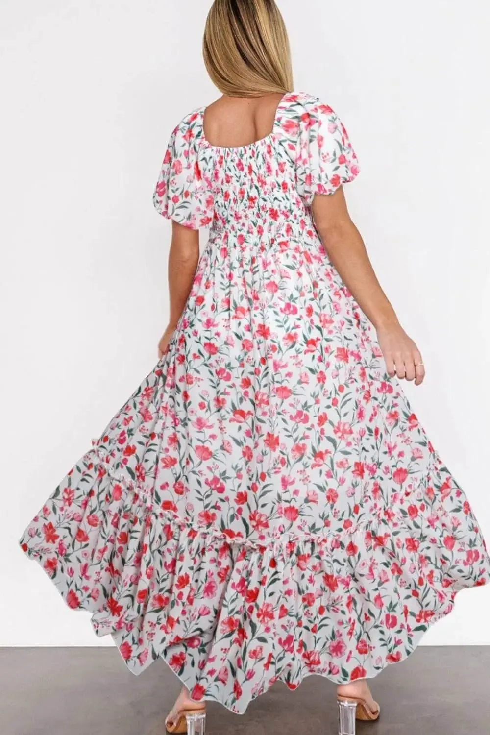Floral Puff Sleeve Dress with Short Tiered Design - EBYNN