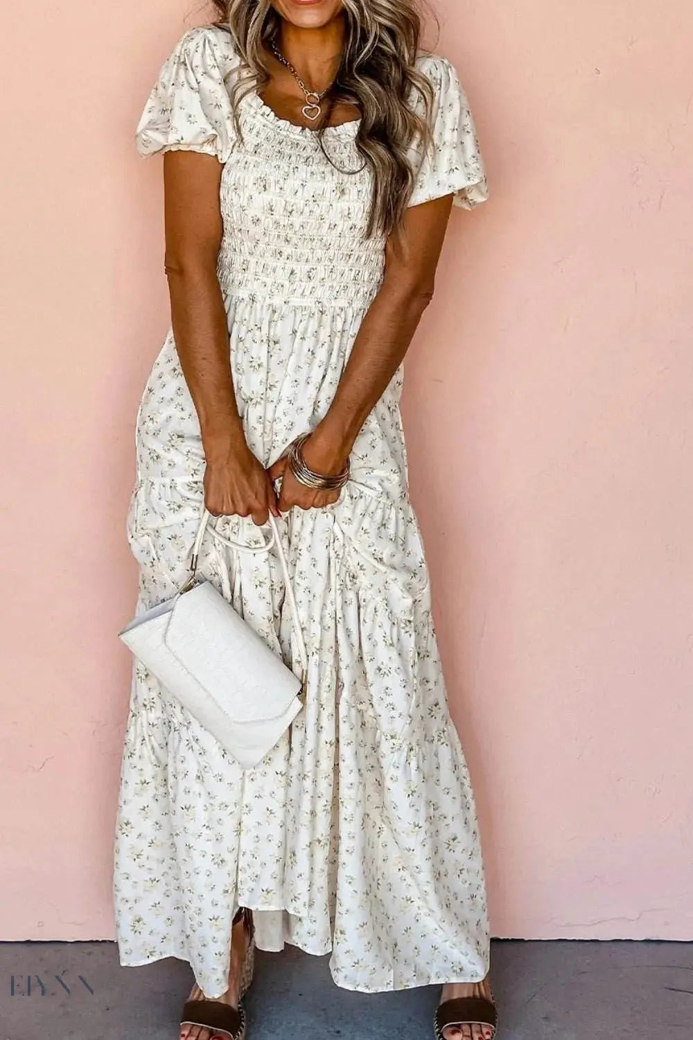 Floral Smocked Puff Sleeve Maxi Dress - EBYNN