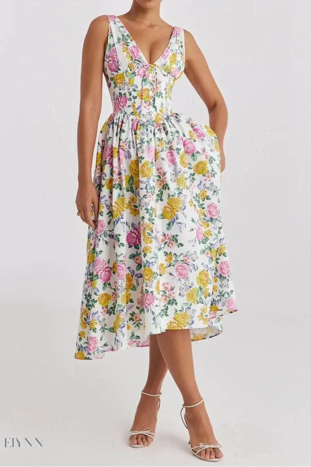 Floral V-Neck Sleeveless Midi Dress with Pockets - EBYNN