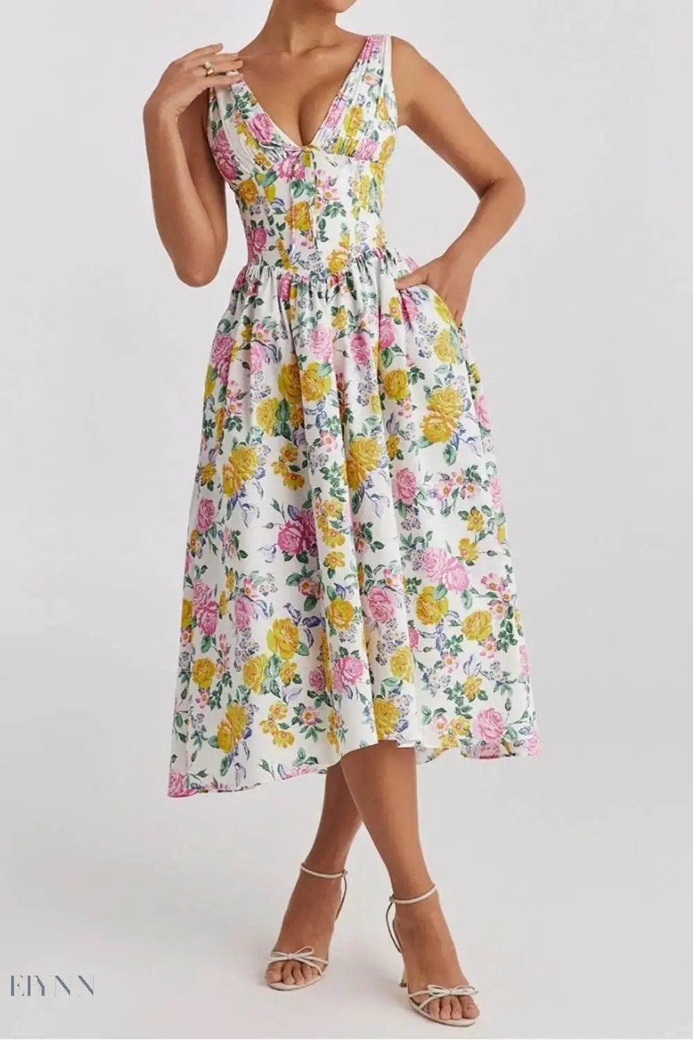 Floral V-Neck Sleeveless Midi Dress with Pockets - EBYNN