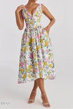 Floral V-Neck Sleeveless Midi Dress with Pockets - EBYNN