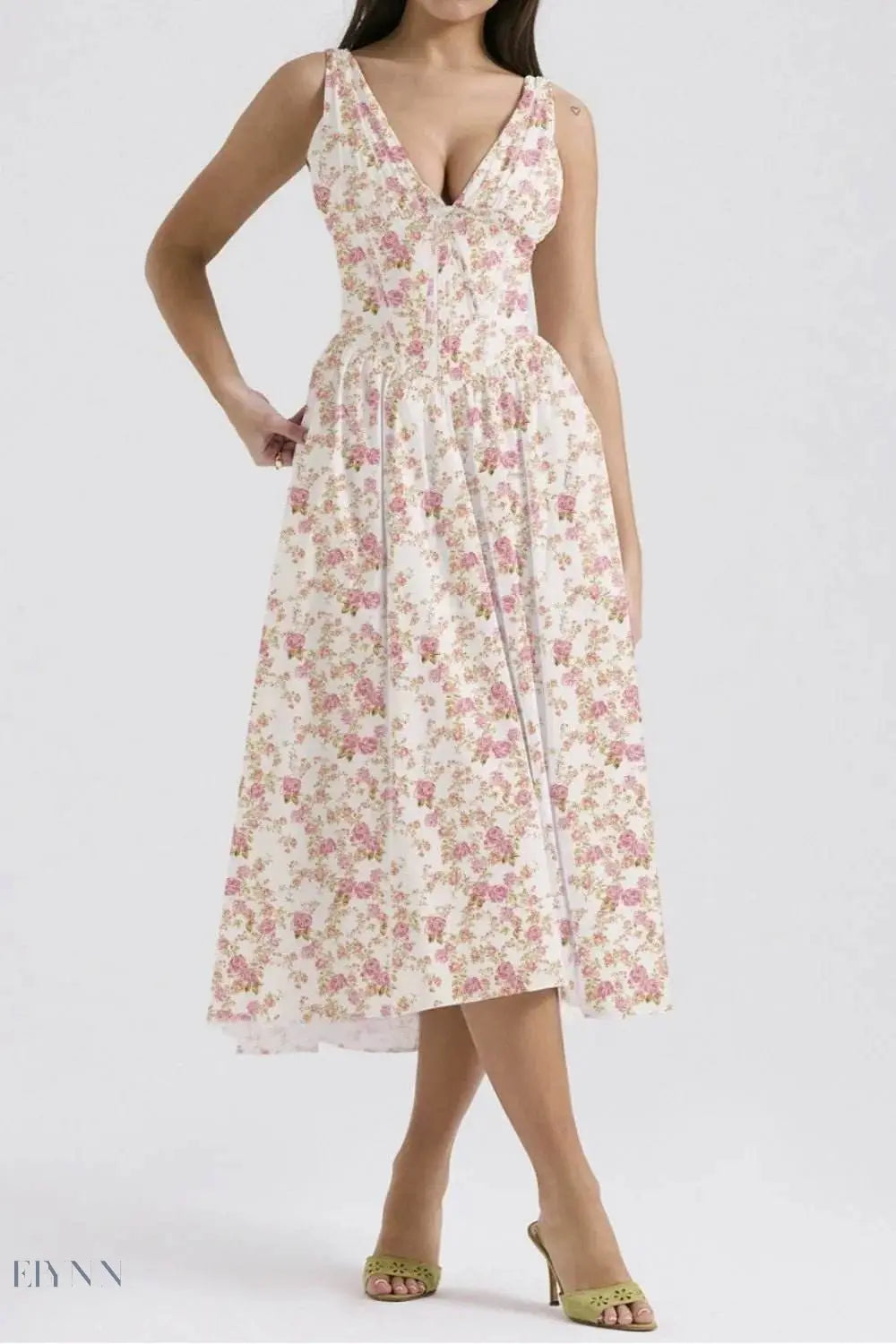 Floral V-Neck Sleeveless Midi Dress with Pockets - EBYNN