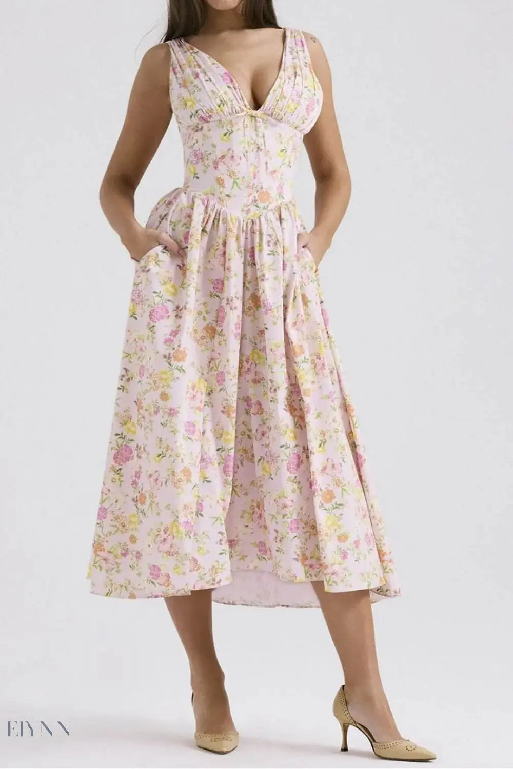 Floral V-Neck Sleeveless Midi Dress with Pockets - EBYNN