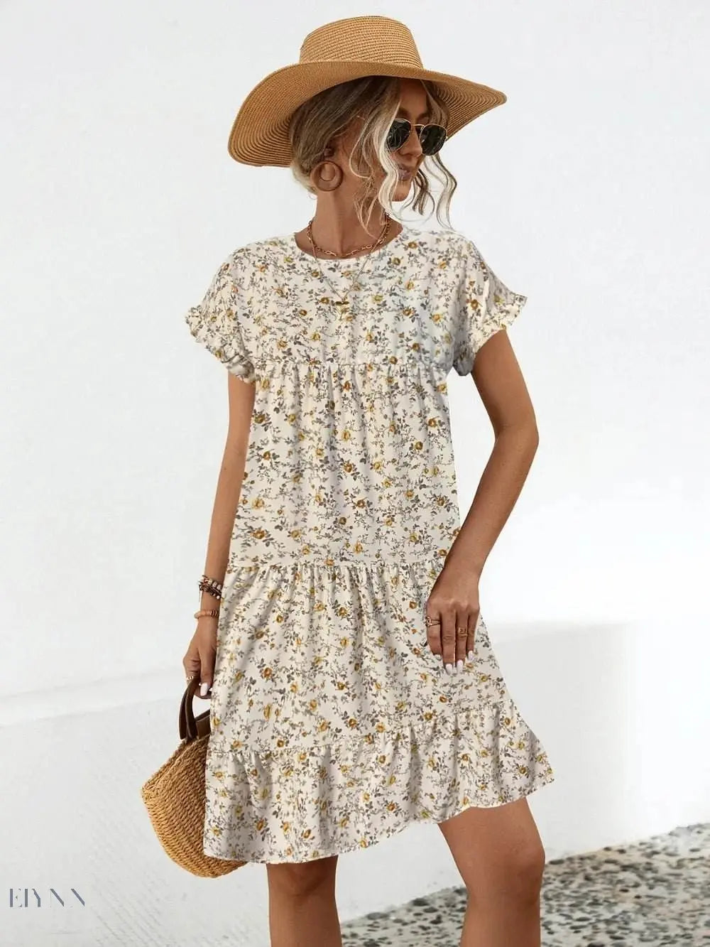 Frill Floral Tiered Dress with Short Sleeves - EBYNN
