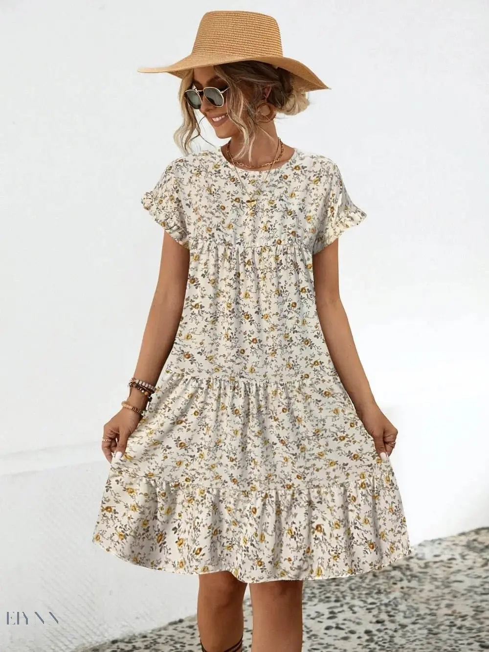 Frill Floral Tiered Dress with Short Sleeves - EBYNN