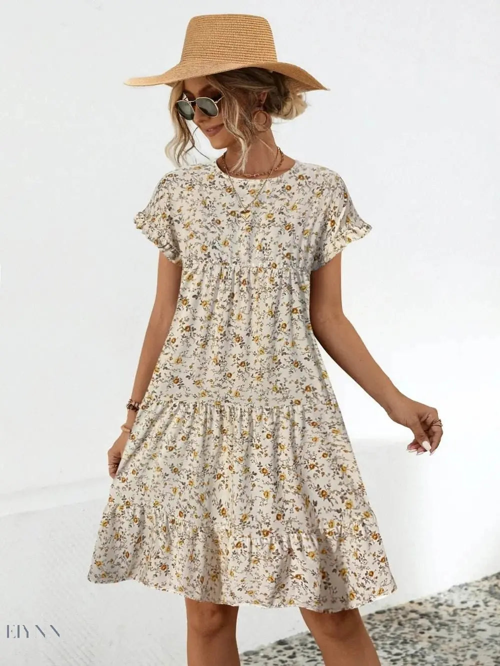 Frill Floral Tiered Dress with Short Sleeves - EBYNN