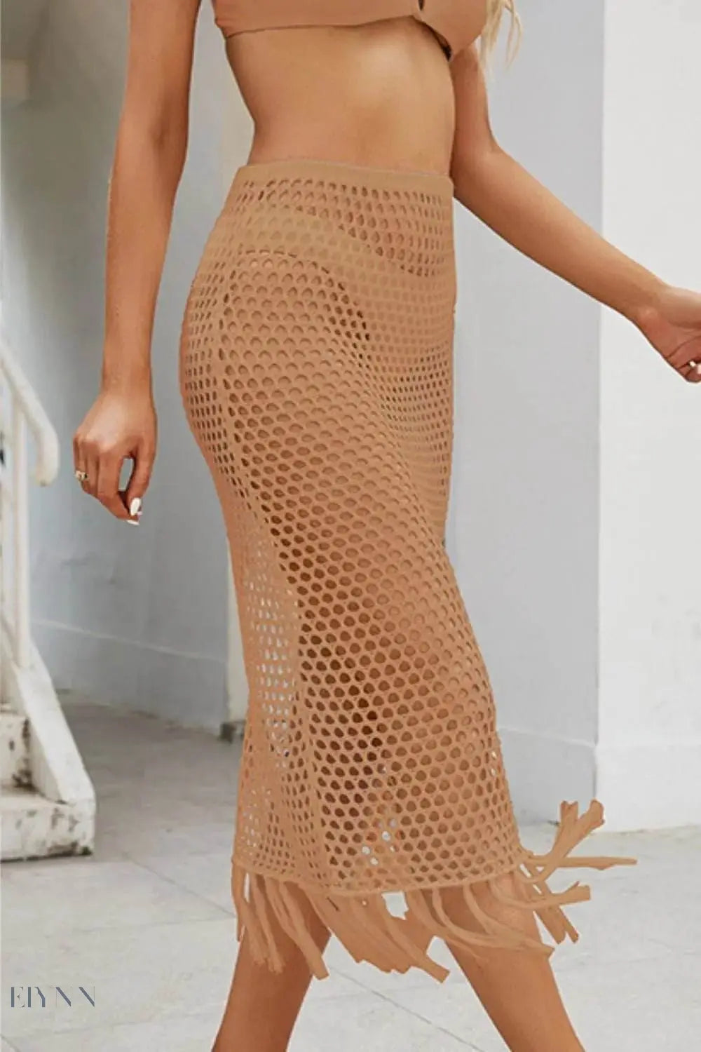 Fringe Openwork High Waist Swim Skirt - EBYNN