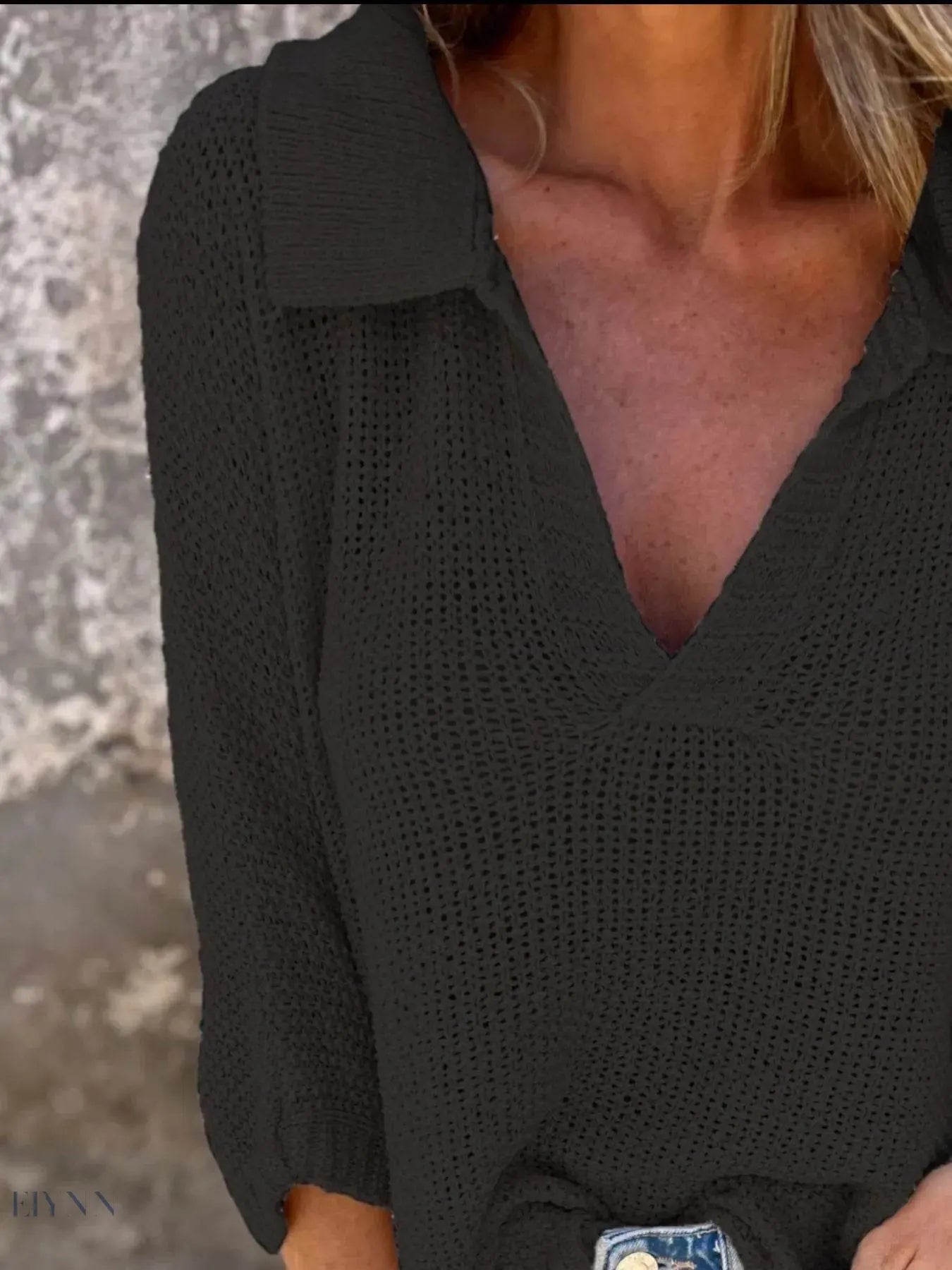 Full Size Plus Size Knit Sweater - Johnny Collar Loose Knit Sweater - EBYNN