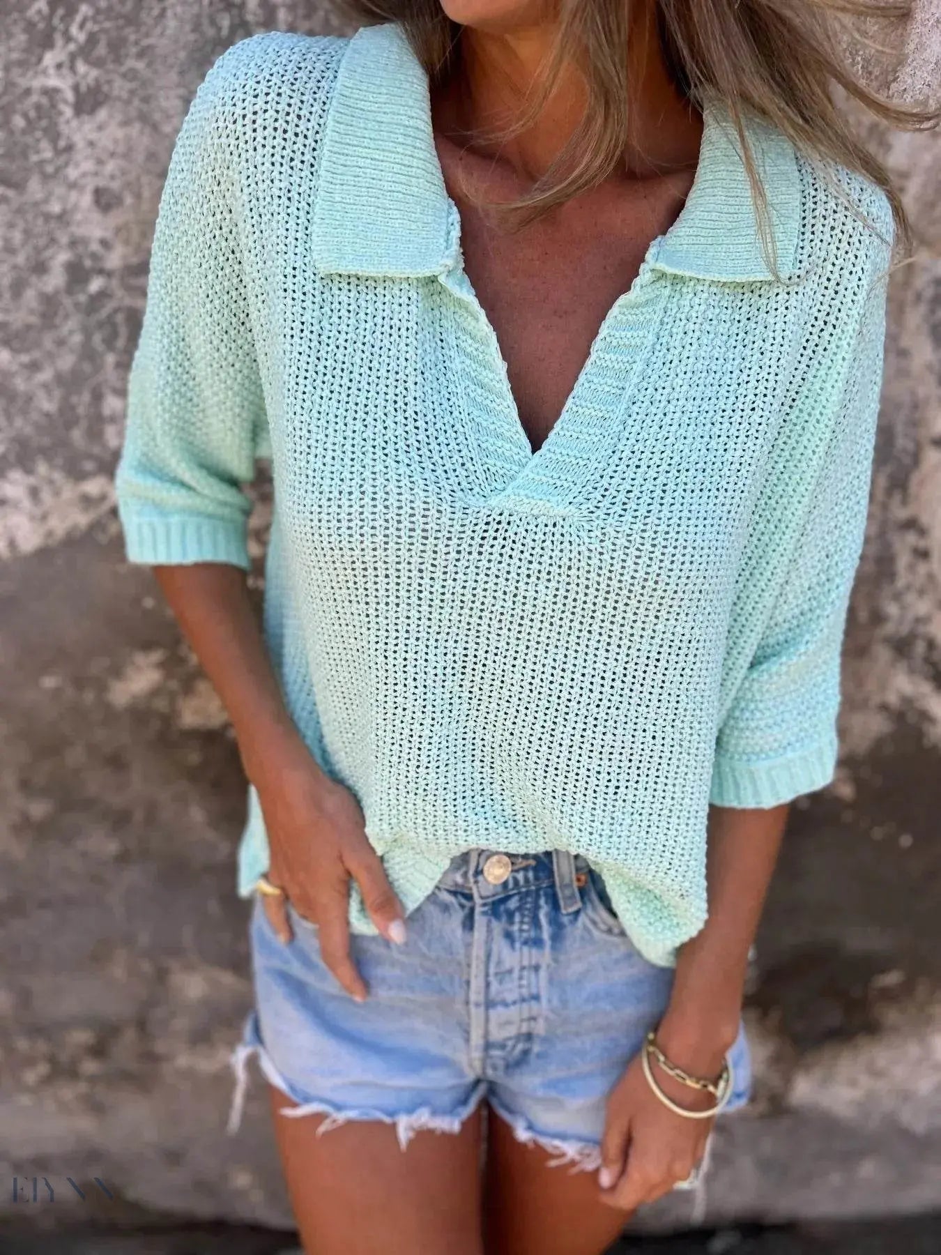 Full Size Plus Size Knit Sweater - Johnny Collar Loose Knit Sweater - EBYNN