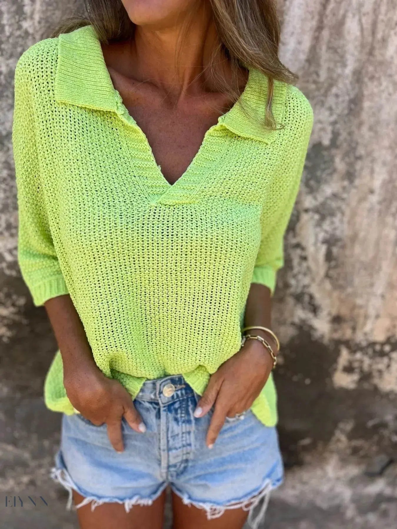 Full Size Plus Size Knit Sweater - Johnny Collar Loose Knit Sweater - EBYNN