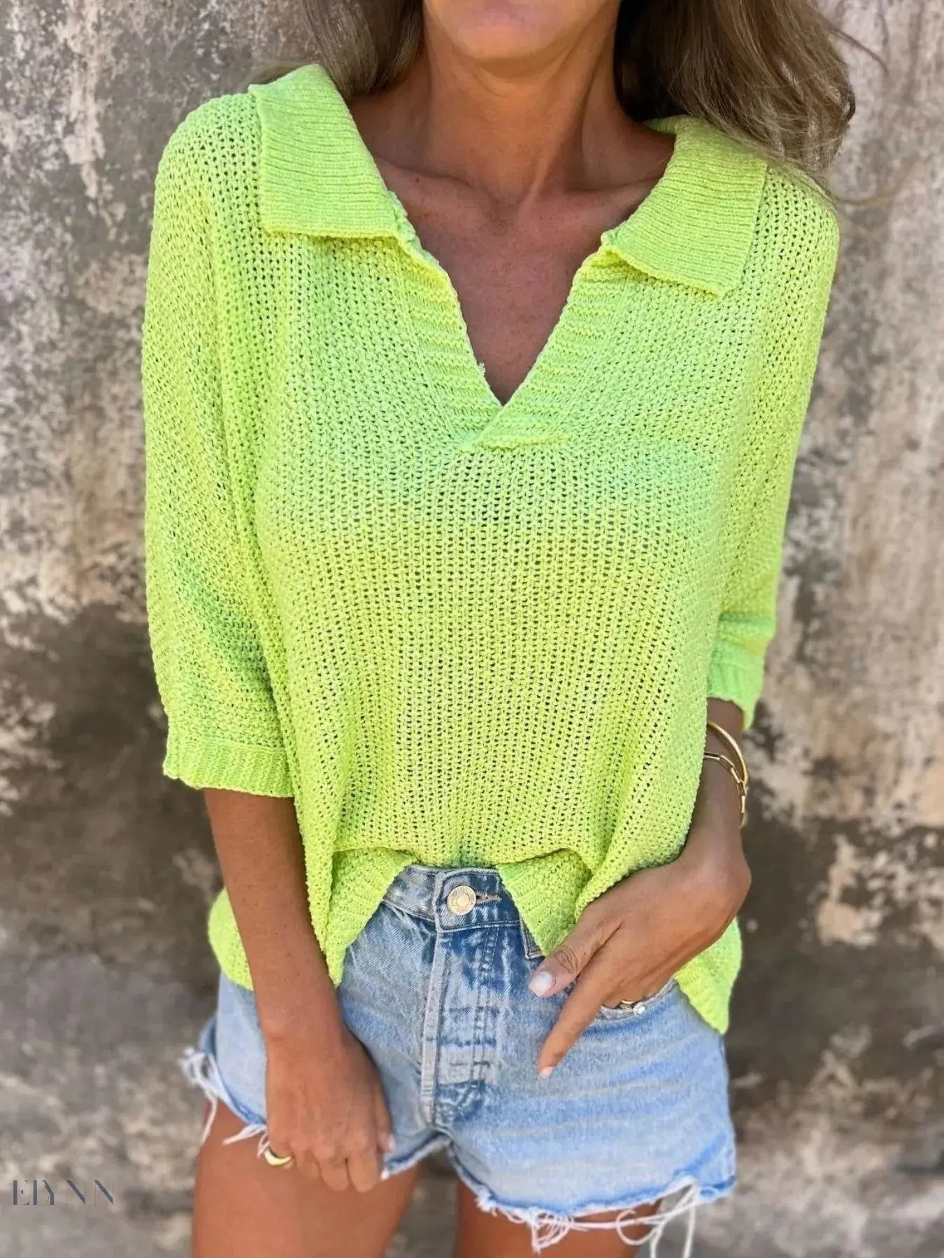 Full Size Plus Size Knit Sweater - Johnny Collar Loose Knit Sweater - EBYNN