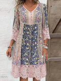 Lace Detail Dress with Printed Three-Quarter Sleeves - EBYNN
