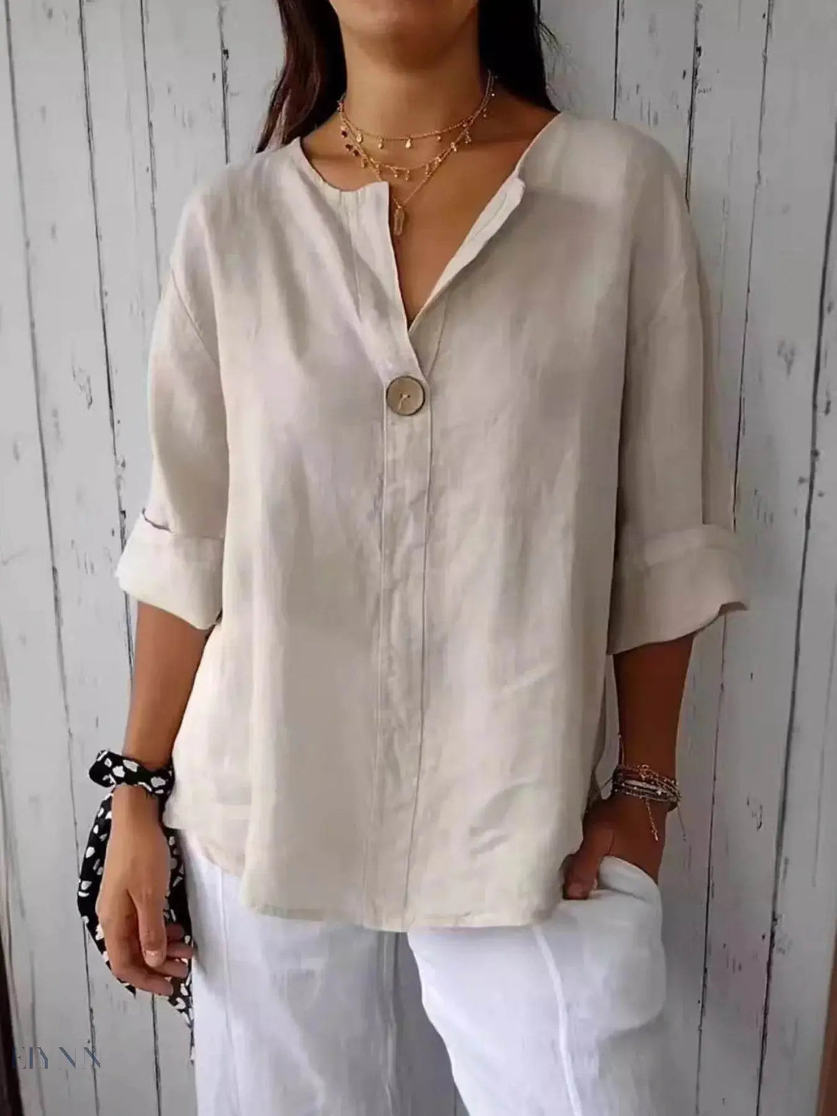 Plus Size Linen Blouse with Notched Design for Effortless Style - EBYNN