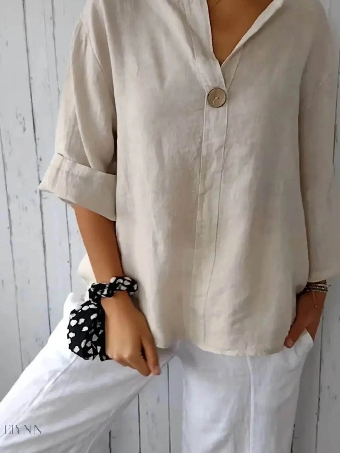 Plus Size Linen Blouse with Notched Design for Effortless Style - EBYNN