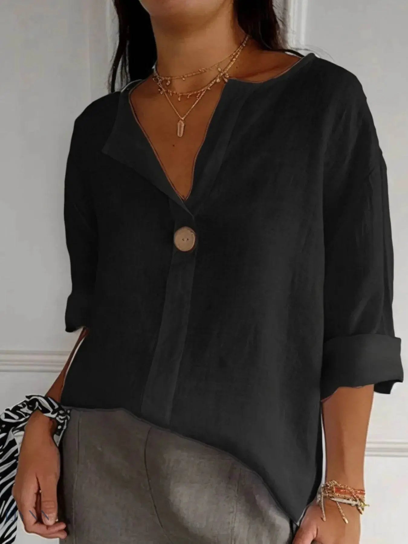 Plus Size Linen Blouse with Notched Design for Effortless Style - EBYNN