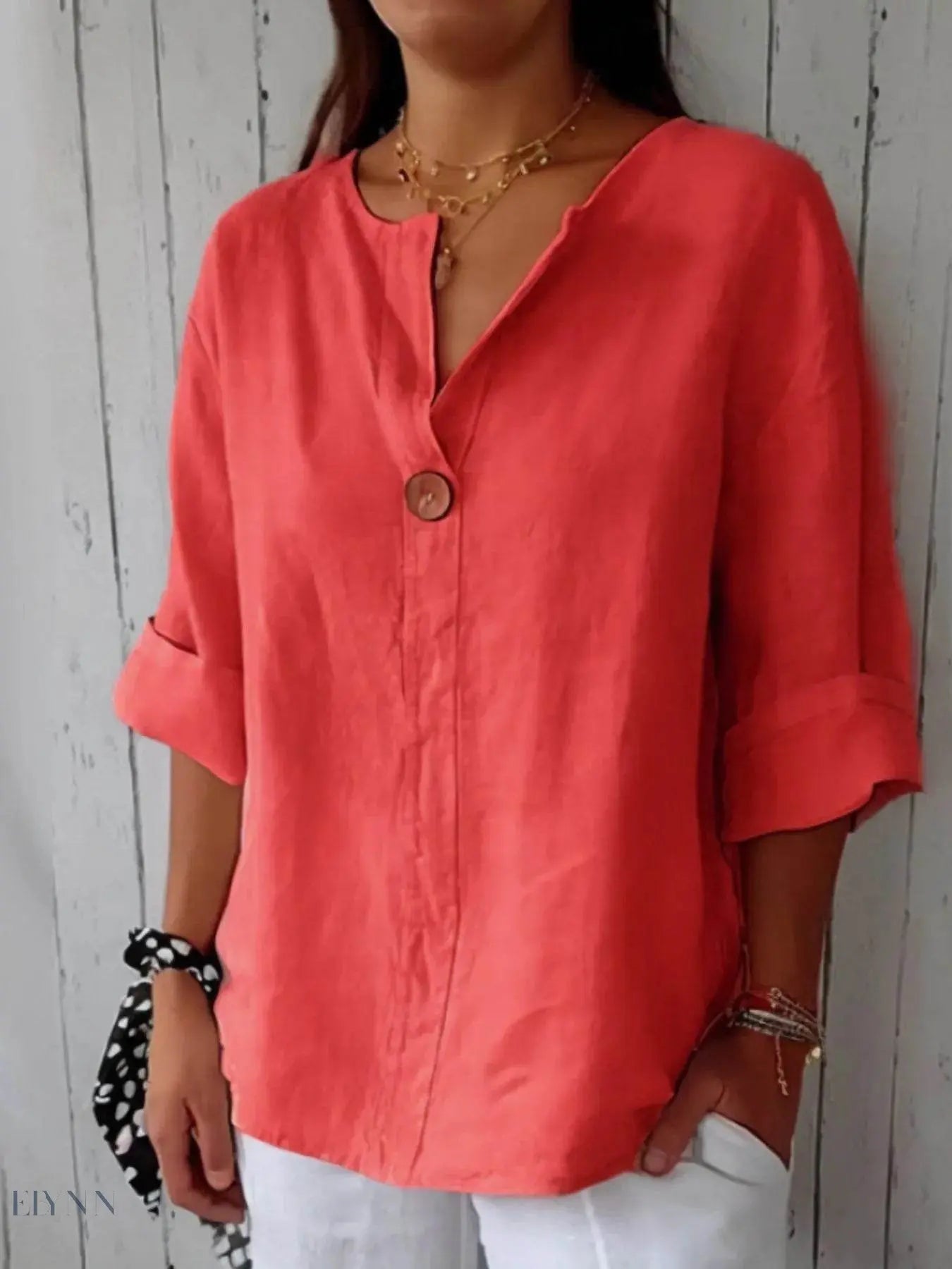 Plus Size Linen Blouse with Notched Design for Effortless Style - EBYNN