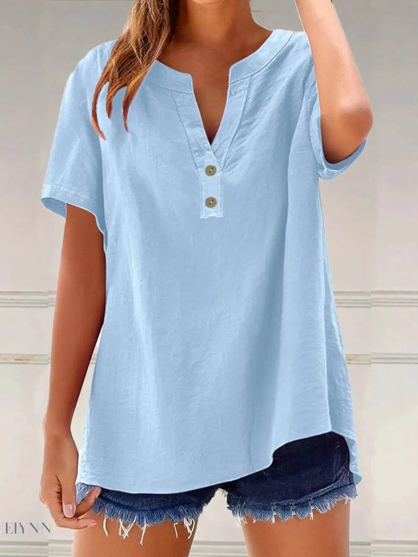 Plus Size Blouse with Notched Short Sleeves - EBYNN