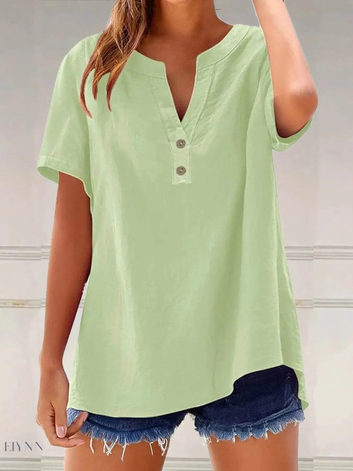 Plus Size Blouse with Notched Short Sleeves - EBYNN