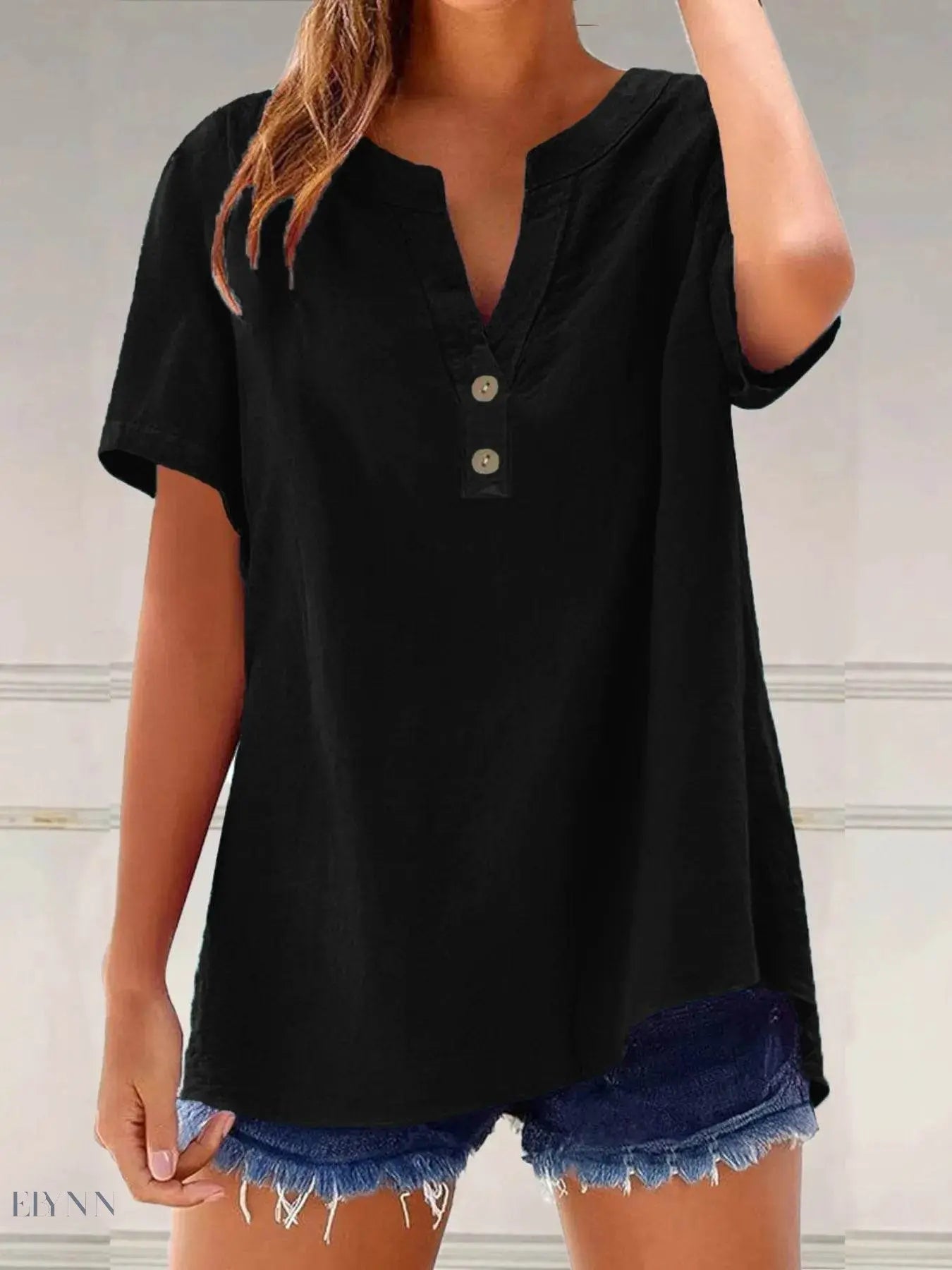 Plus Size Blouse with Notched Short Sleeves - EBYNN