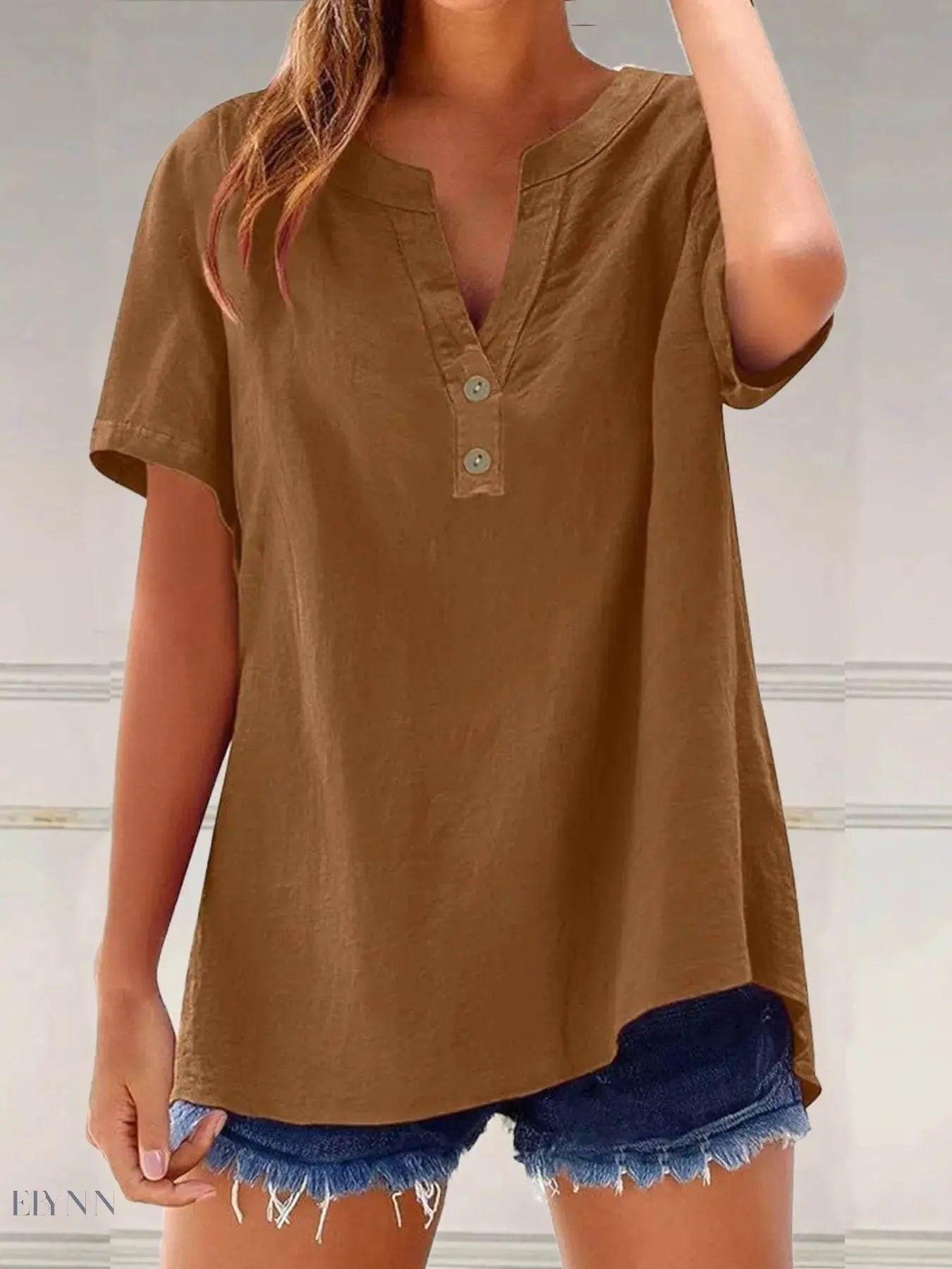 Plus Size Blouse with Notched Short Sleeves - EBYNN