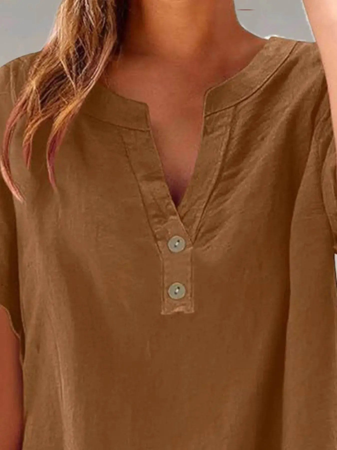 Plus Size Blouse with Notched Short Sleeves - EBYNN