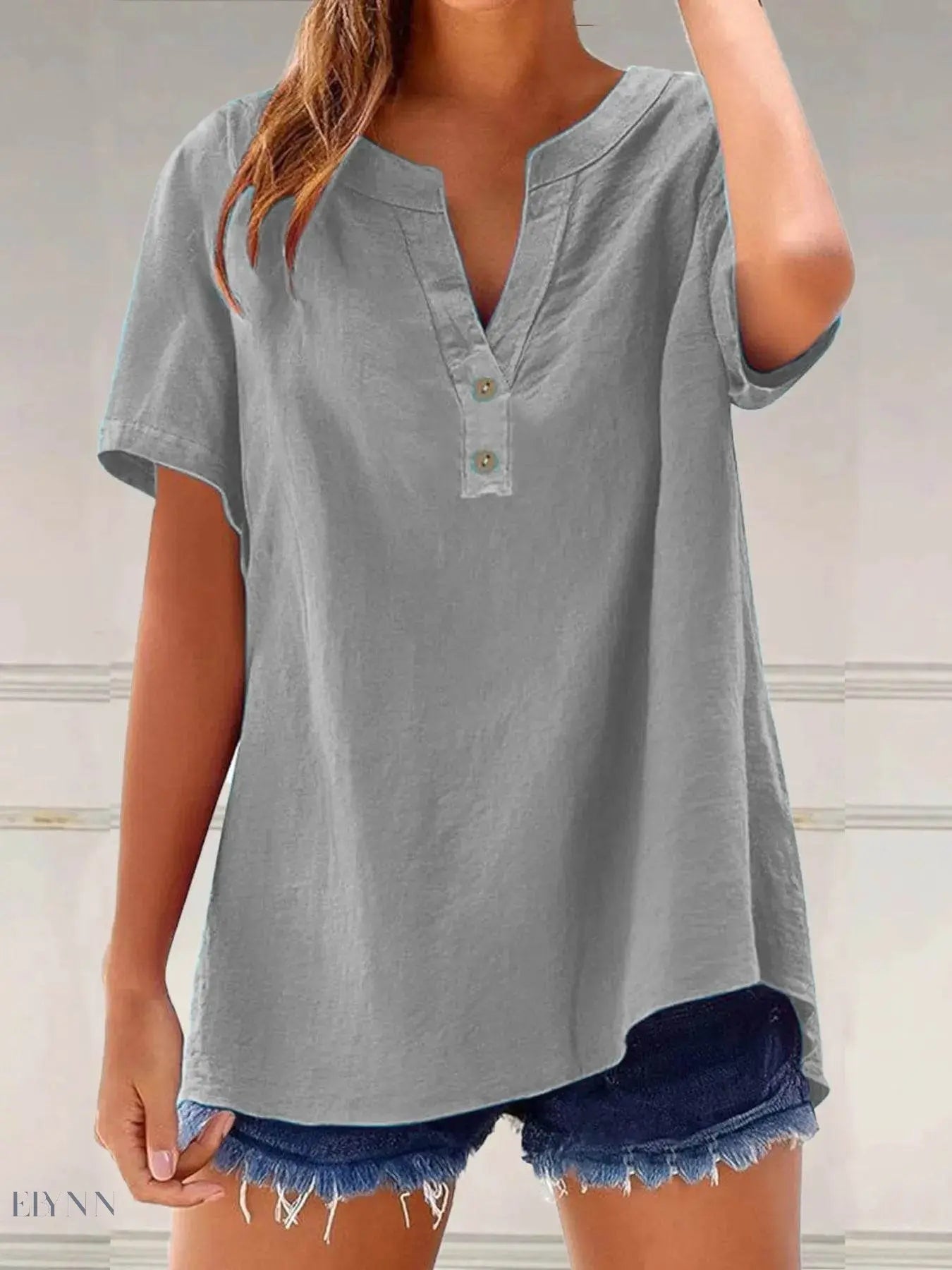 Plus Size Blouse with Notched Short Sleeves - EBYNN