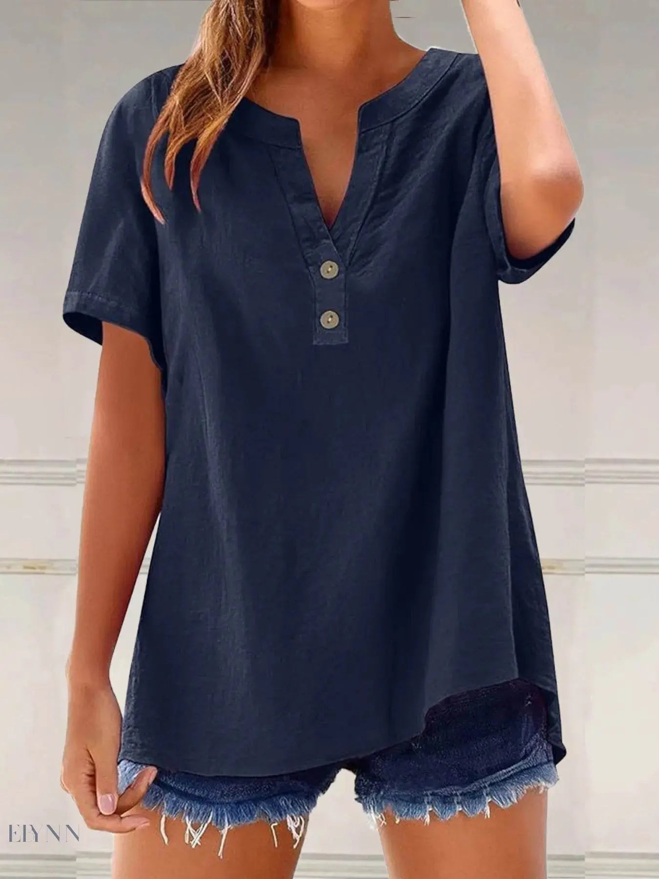 Plus Size Blouse with Notched Short Sleeves - EBYNN