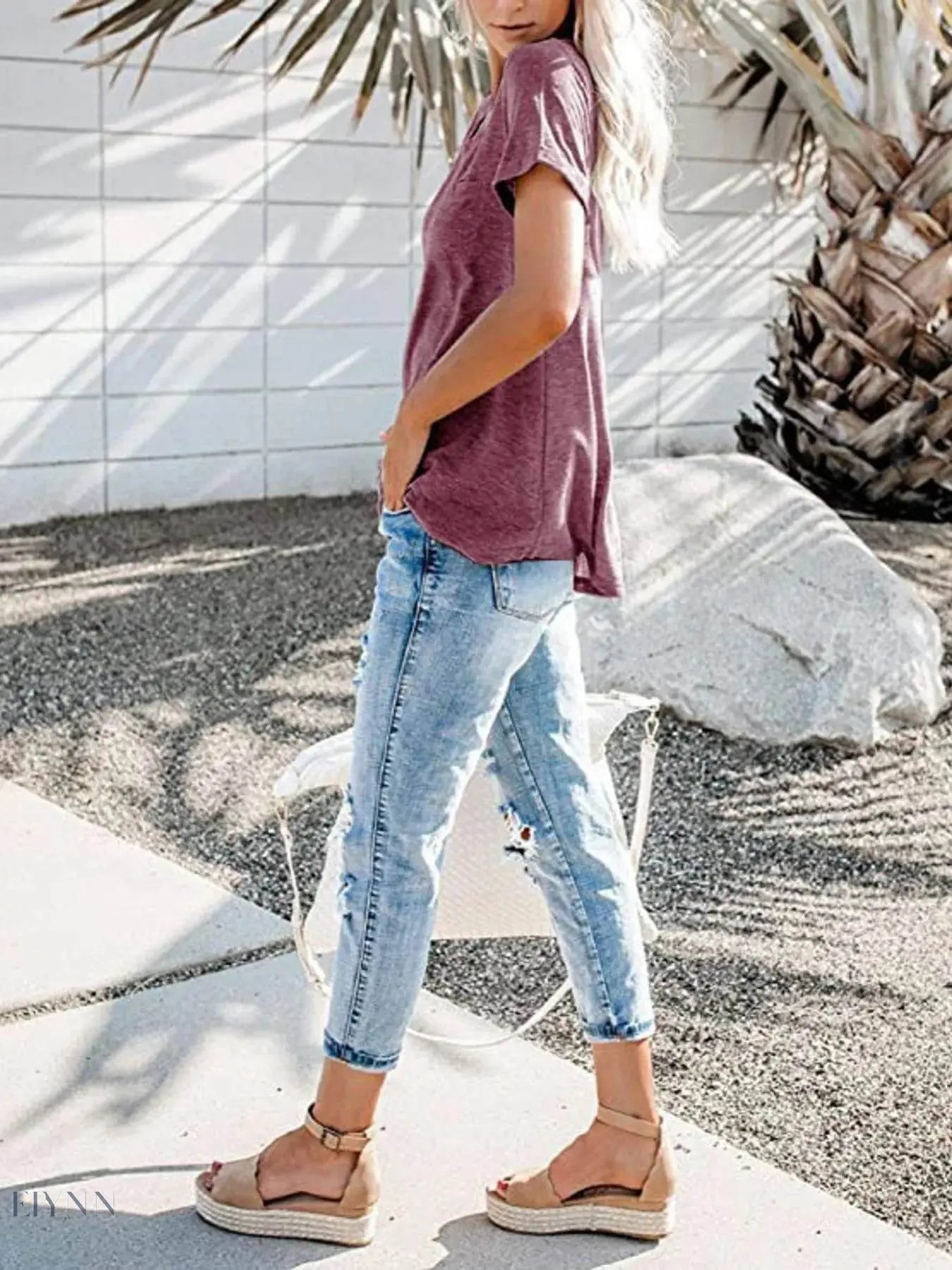 Plus Size Short Sleeve T-Shirt for Women with Notched Design - EBYNN