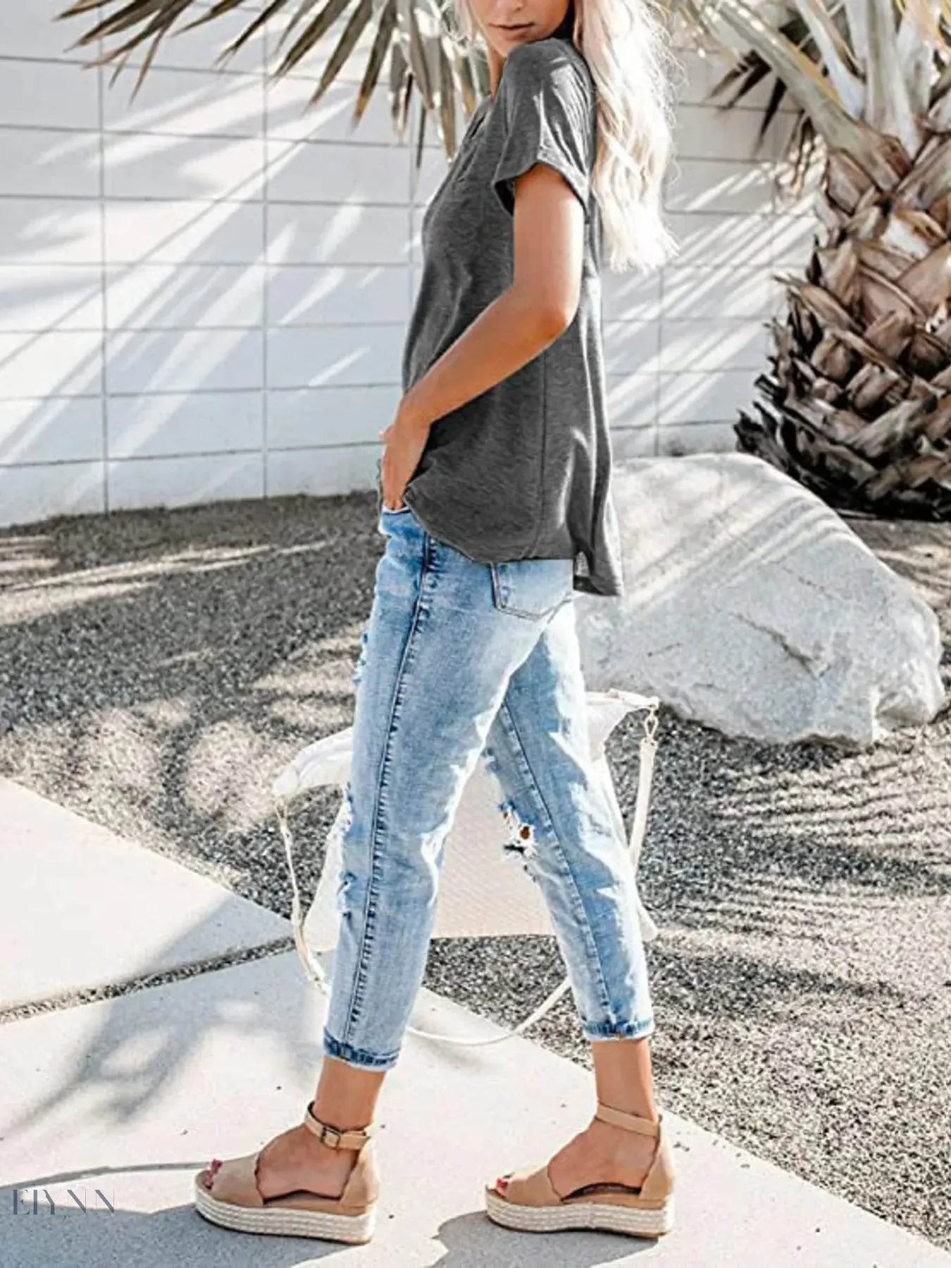 Plus Size Short Sleeve T-Shirt for Women with Notched Design - EBYNN