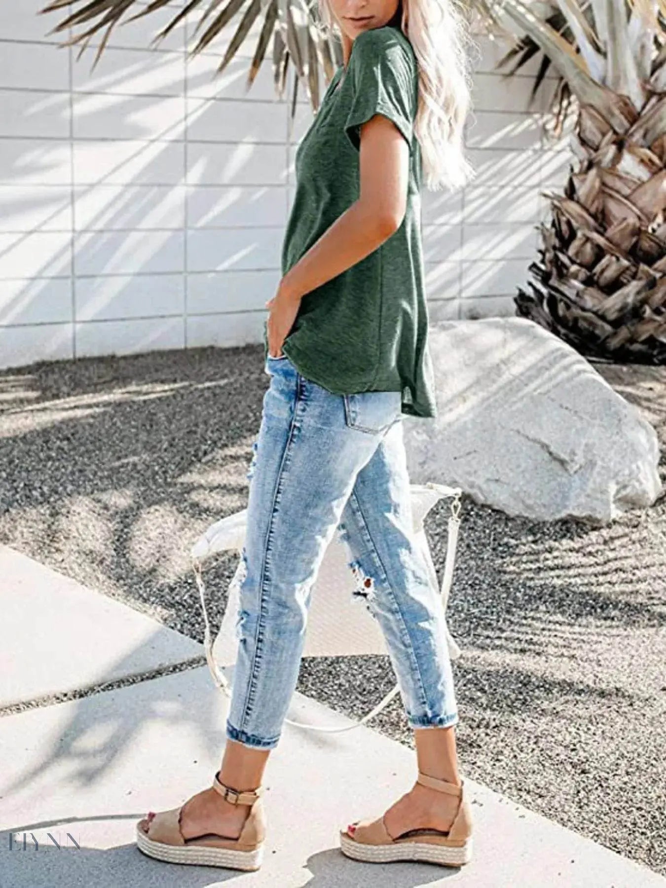 Plus Size Short Sleeve T-Shirt for Women with Notched Design - EBYNN