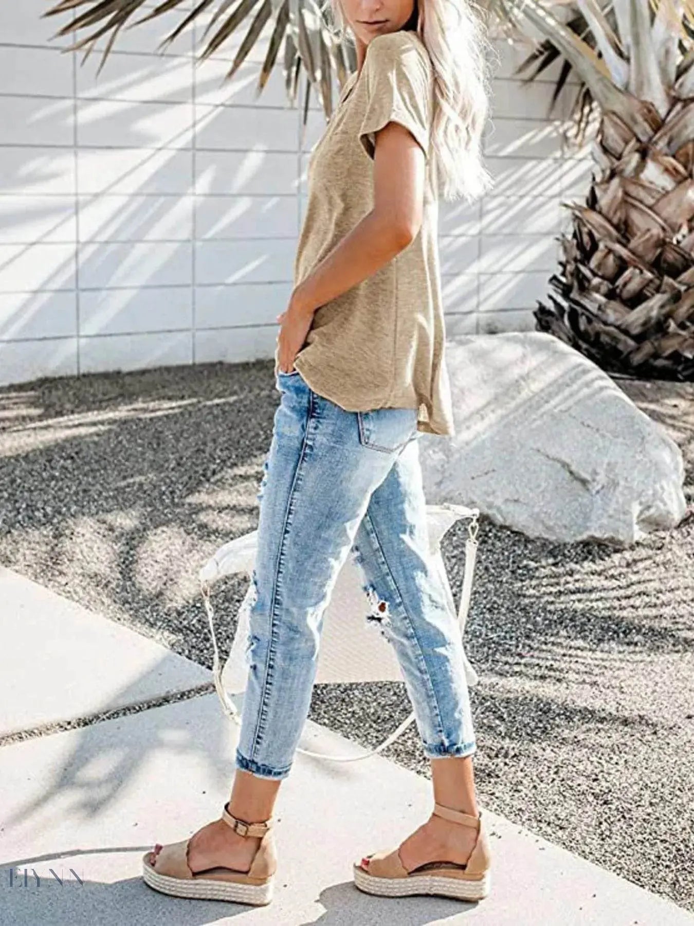 Plus Size Short Sleeve T-Shirt for Women with Notched Design - EBYNN