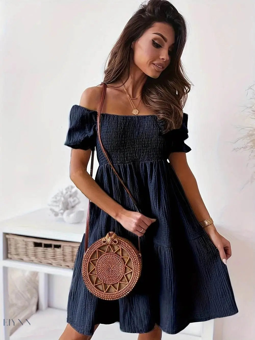 Ruffled Off-Shoulder Dress with Short Sleeves - EBYNN