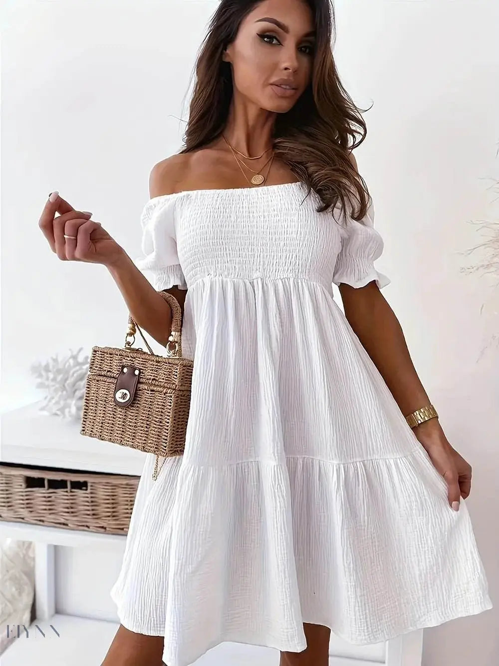 Ruffled Off-Shoulder Dress with Short Sleeves - EBYNN