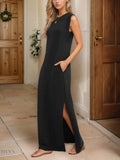 Plus Size Maxi Tank Dress with Slit and Round Neck Design - EBYNN