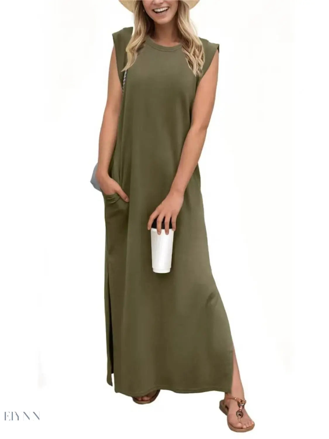 Plus Size Maxi Tank Dress with Slit and Round Neck Design - EBYNN