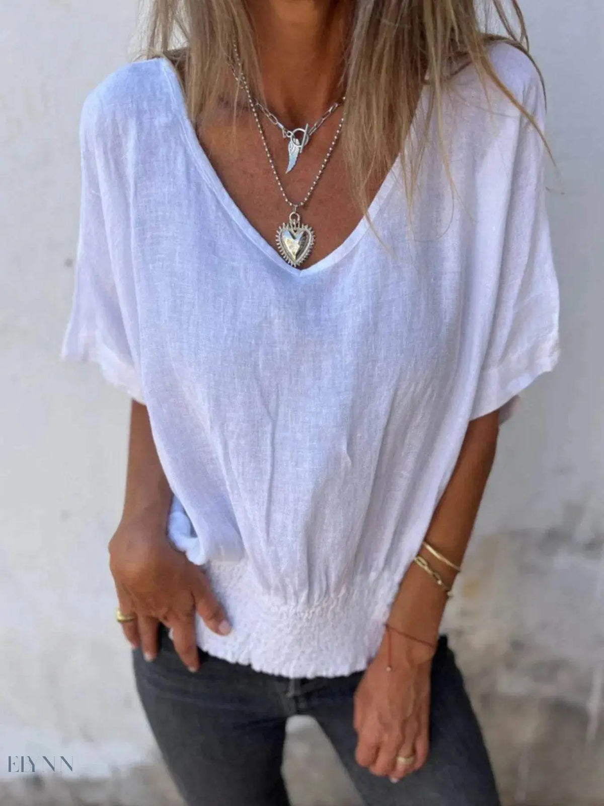 Plus Size Relaxed Fit T-Shirt with Smocked Hem and V-Neck - EBYNN