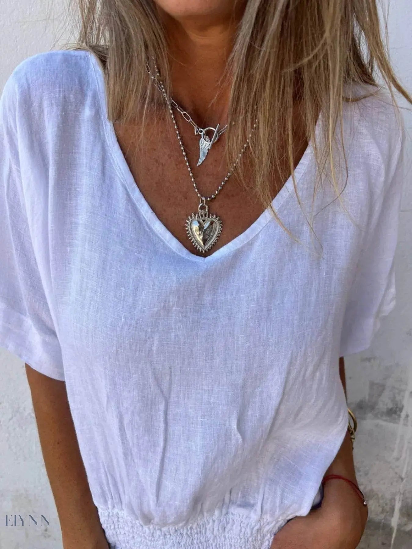 Plus Size Relaxed Fit T-Shirt with Smocked Hem and V-Neck - EBYNN