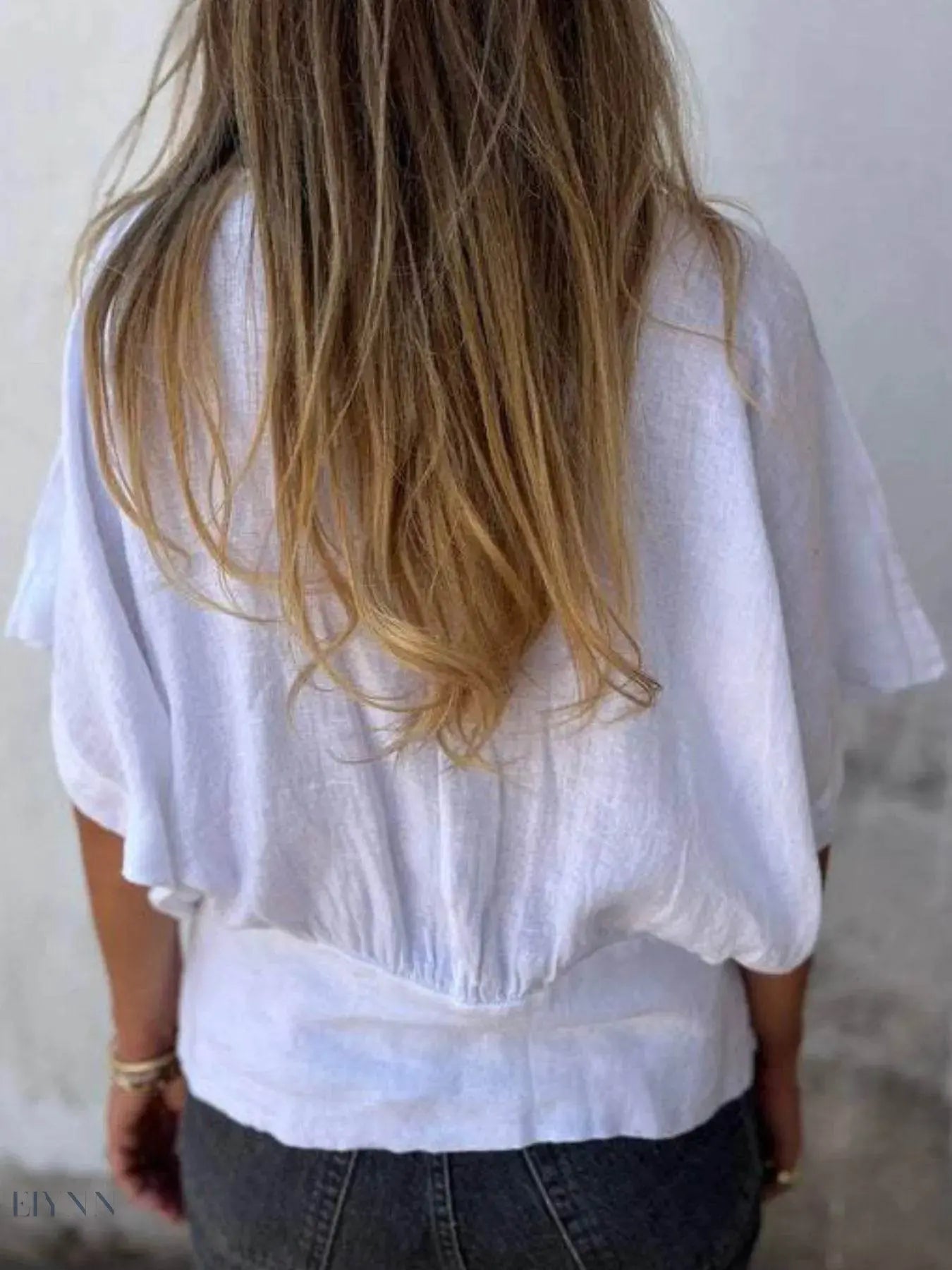 Plus Size Relaxed Fit T-Shirt with Smocked Hem and V-Neck - EBYNN