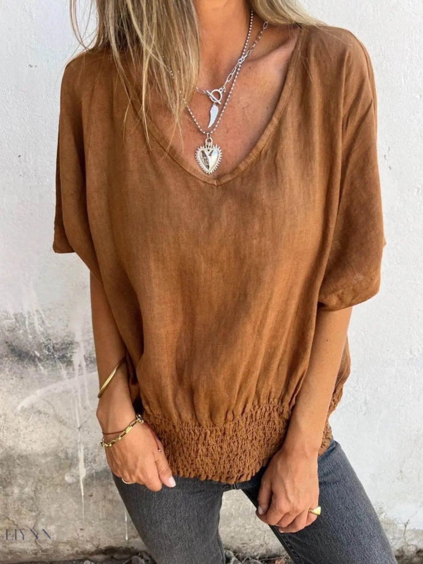 Plus Size Relaxed Fit T-Shirt with Smocked Hem and V-Neck - EBYNN