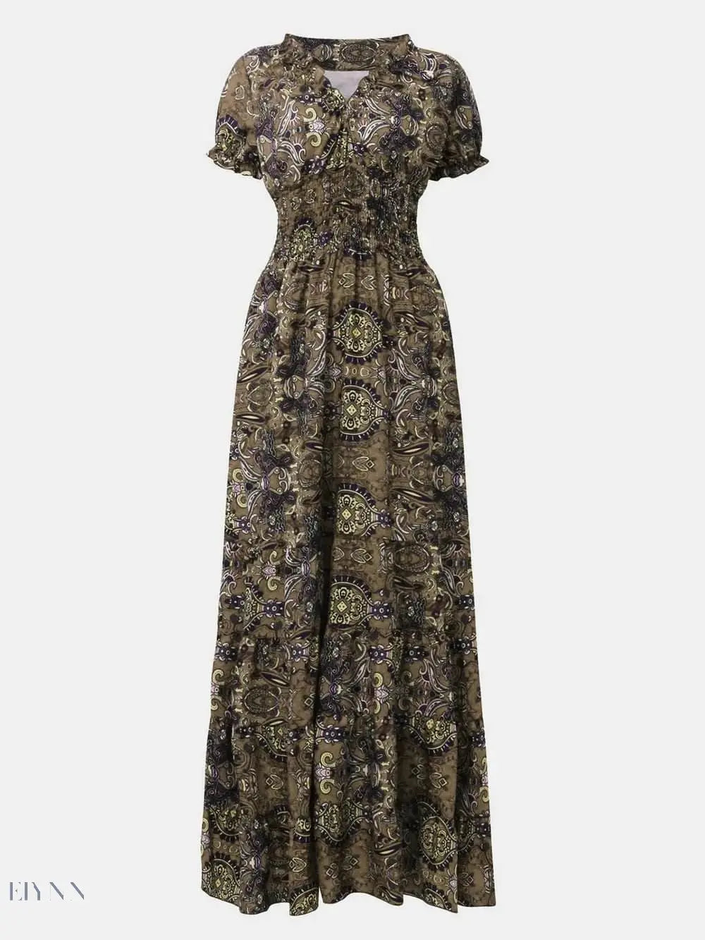 Full Size Smocked V-Neck Dress with Printed Short Sleeves - EBYNN