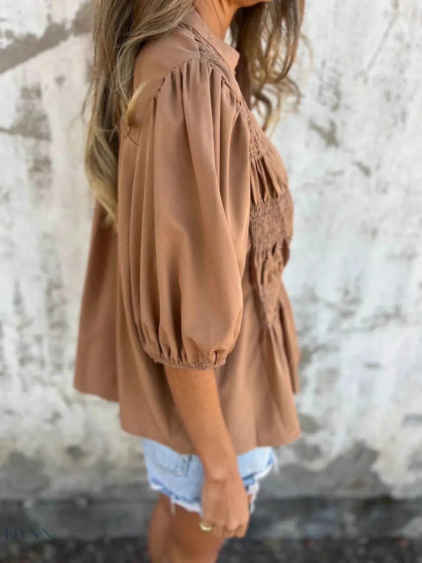 Plus Size Puff Sleeve Blouse with Smocked Design - EBYNN