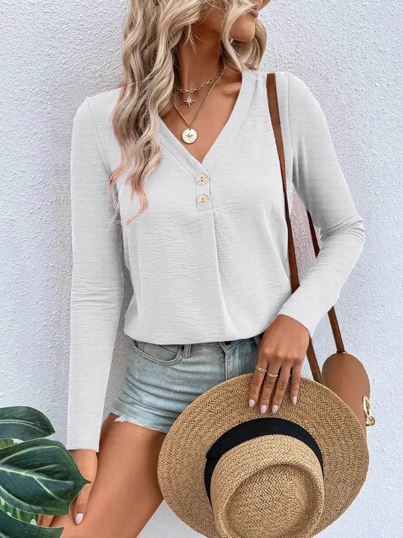 Plus Size Long Sleeve T-Shirt with V-Neck for Every Body - EBYNN