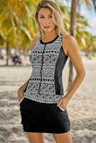Geometric Print Color Block Swim Top and Skirt Set - EBYNN