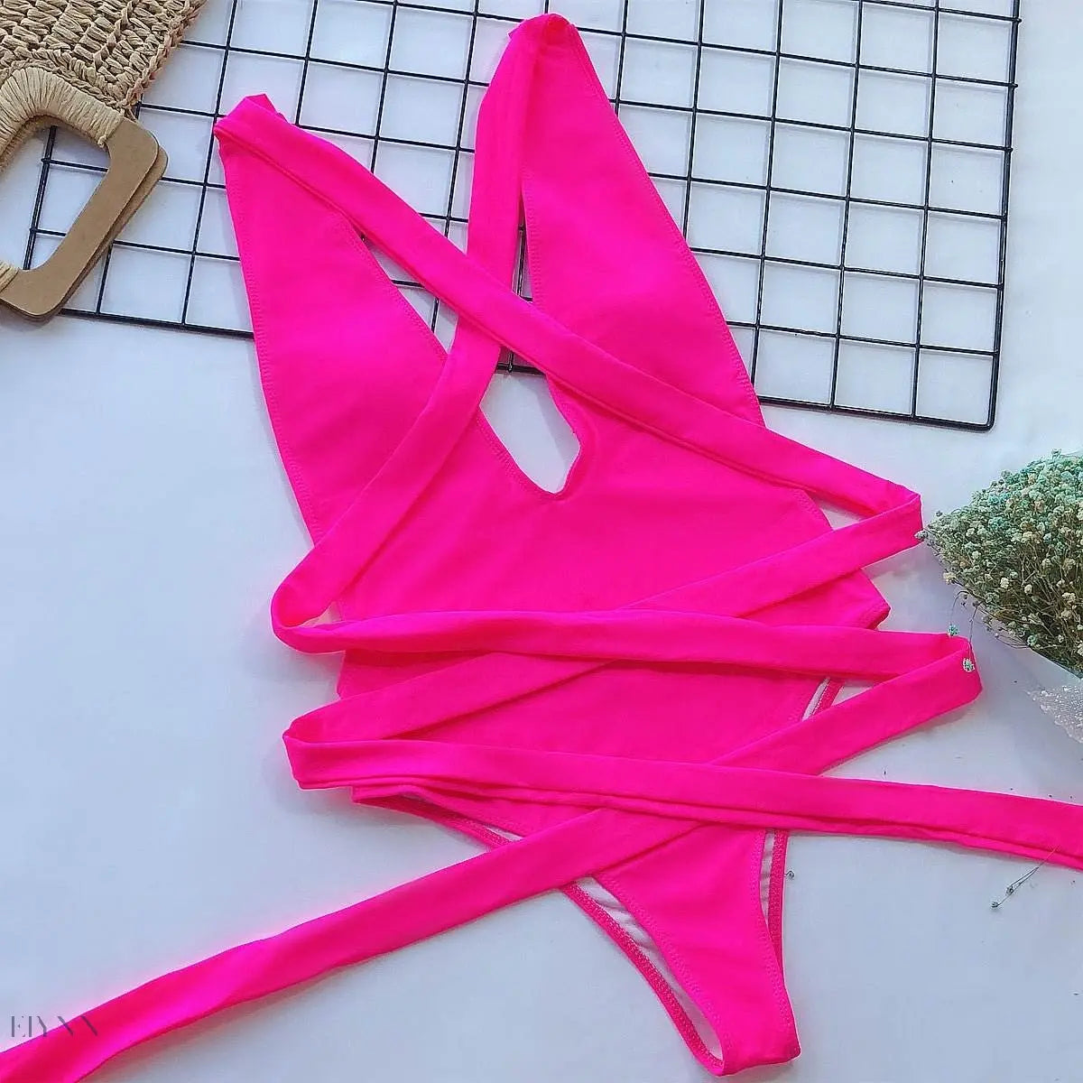 Halter Neck Deep V Tied One-Piece Swimsuit - EBYNN