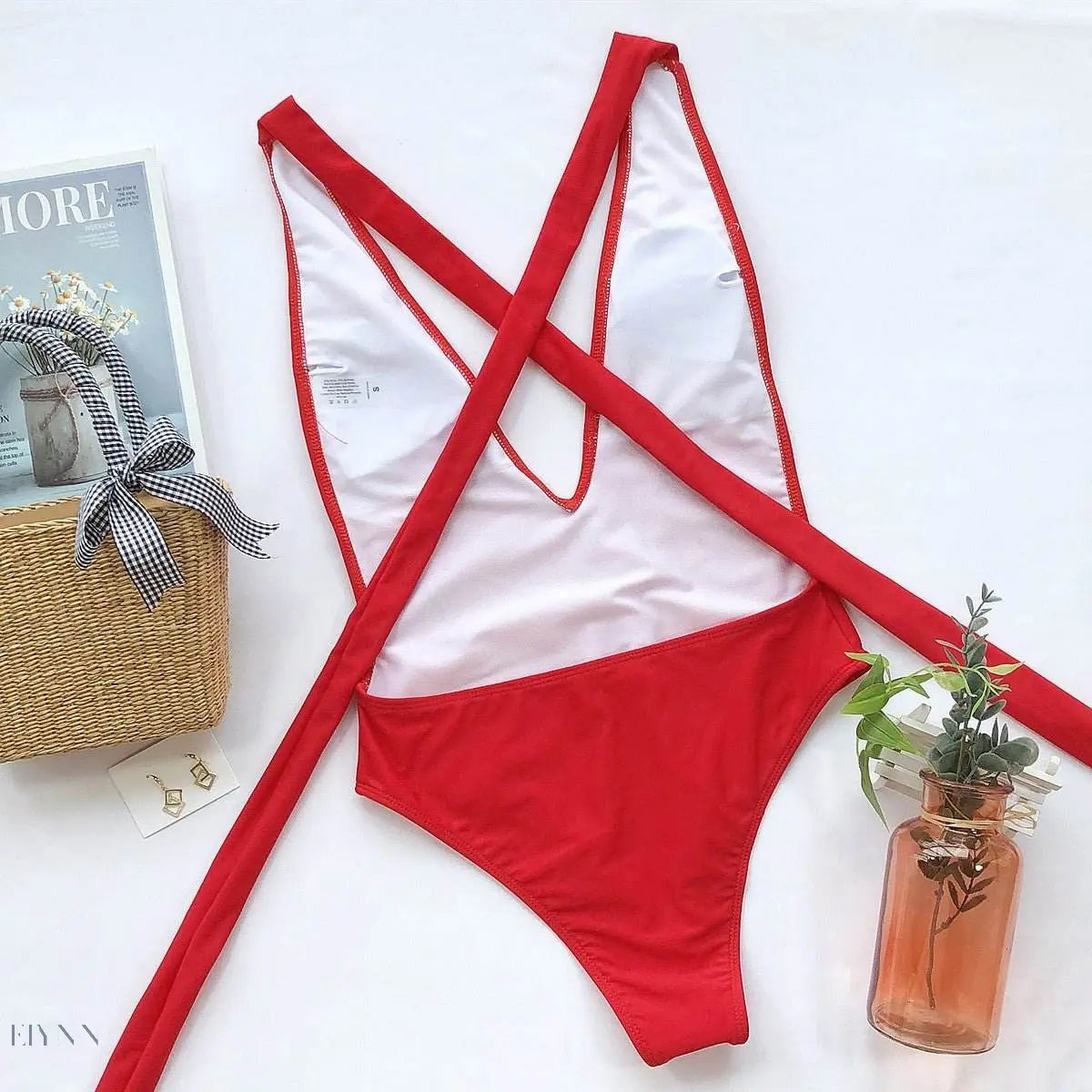 Halter Neck Deep V Tied One-Piece Swimsuit - EBYNN